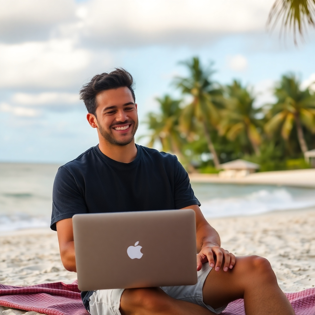 A person relaxing on a beach, working on a laptop, surrounded by palm trees and sunshine, with charts and graphs depicting growth and income streams in the background, conveying the concept of financial freedom through online income.