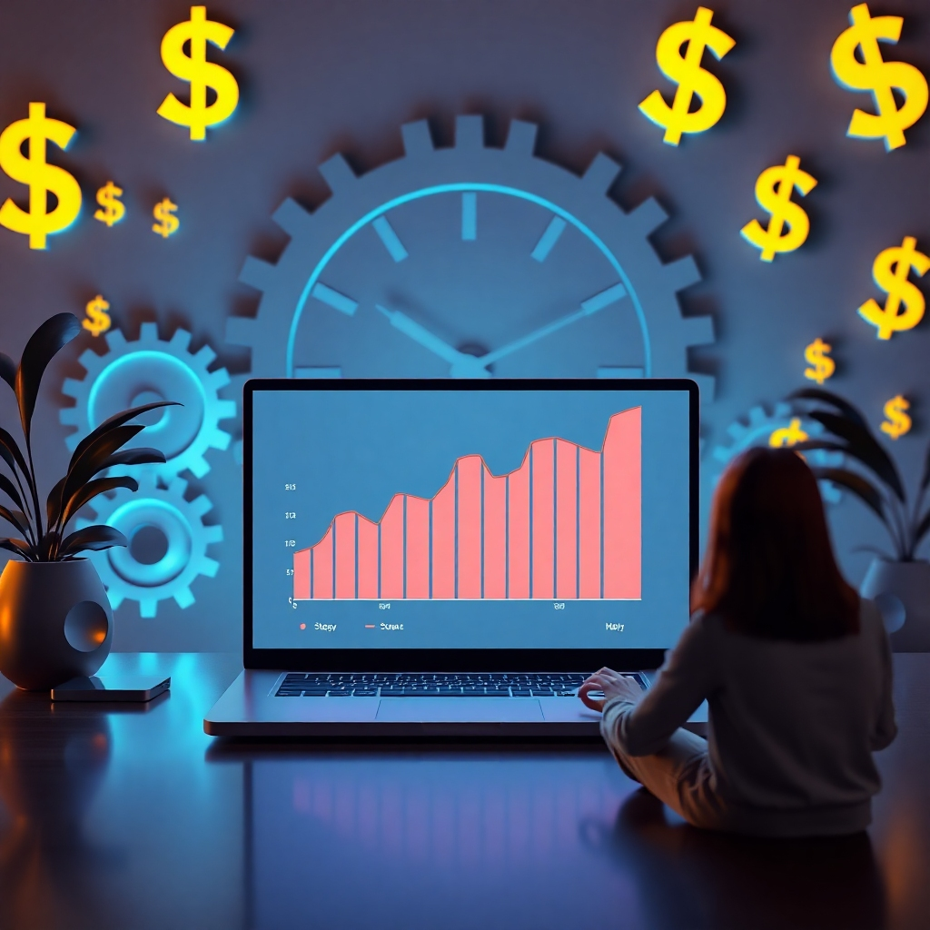 A serene environment with a laptop showing graphs of increasing income on the screen. Clock gears symbolize automation in the background, surrounded by dollar signs and happy customers engaged with a product online, representing passive income.