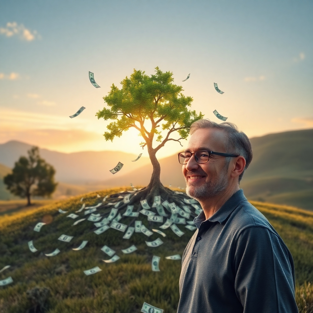 A serene landscape with a growing tree surrounded by dollar bills, symbolizing financial growth and stability. In the foreground, an individual looks content, signifying the long-term benefits of the OLSP Affiliate System for passive income.