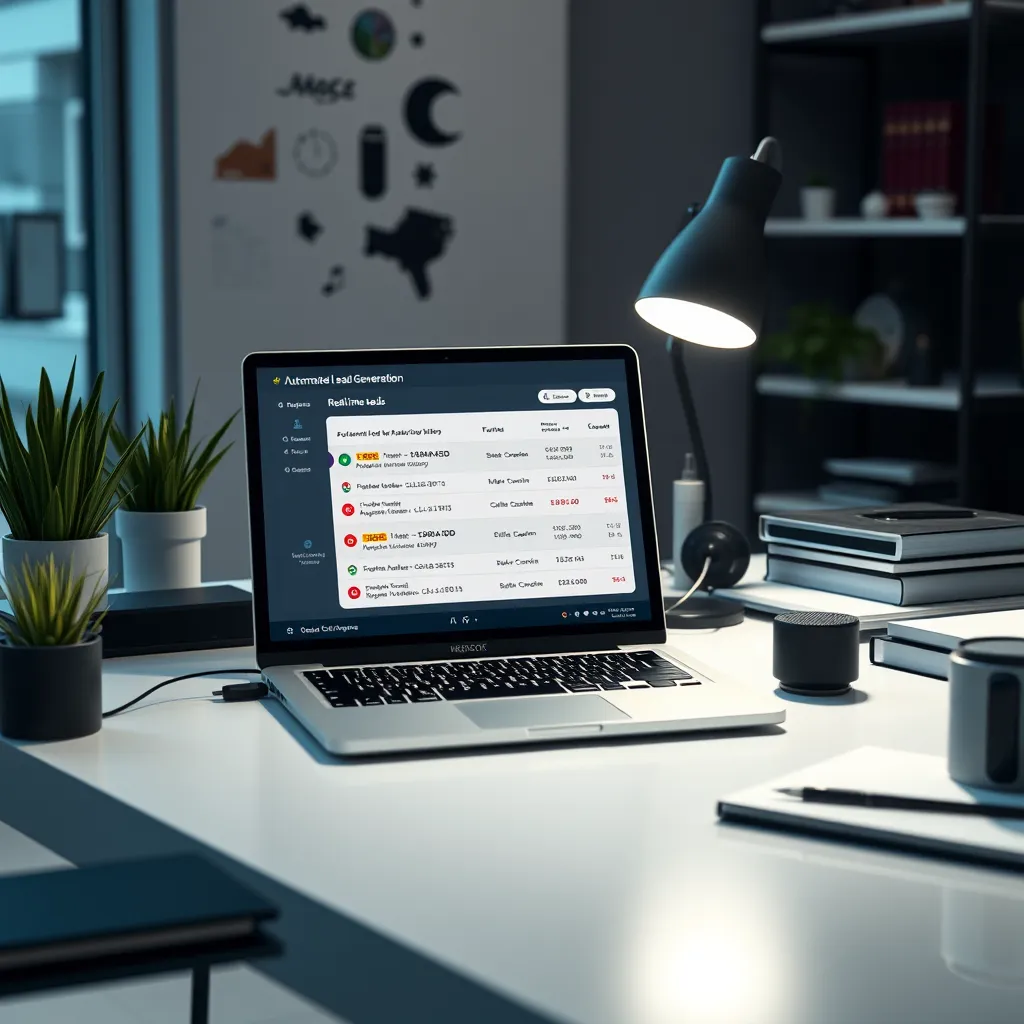 A sleek workspace with a laptop showing an automated lead generation system in action, displaying real-time leads. The ambiance should convey a sense of efficiency with modern design elements and a well-organized desk with minimal clutter.