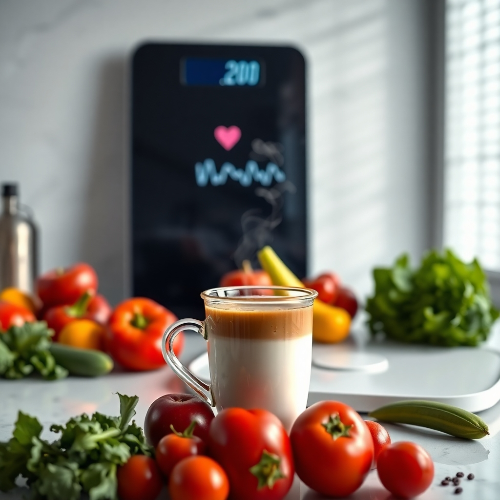 A steaming cup of coffee on a kitchen countertop, surrounded by vibrant fruits and vegetables, symbolizing health. The background displays a fitness tracker showing elevated heart rates alongside a digital scale, emphasizing weight loss and metabolism boost.