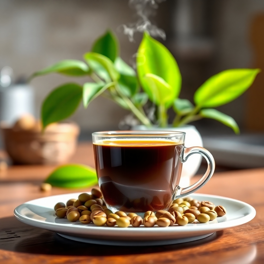 A steaming cup of coffee on a kitchen countertop with fresh green coffee beans and a leafy plant in the background, symbolizing natural ingredients. The scene is bright and inviting, showcasing the coffee's vibrant color and inviting aroma.
