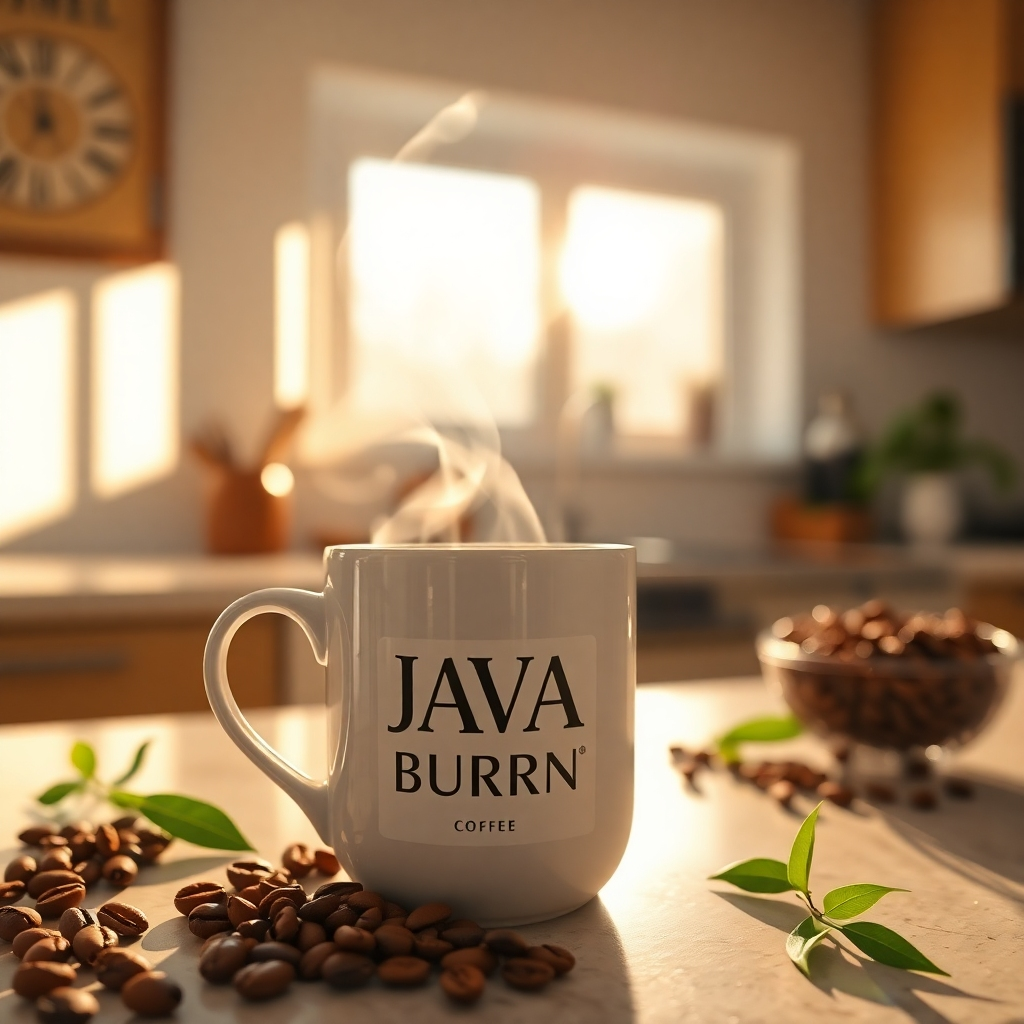 A steaming mug of JAVA Burn Coffee on a kitchen counter with a backdrop of morning sunlight filtering through a window. Include images of fresh coffee beans and herbal ingredients symbolizing natural metabolism boosting, creating a warm and inviting atmosphere.