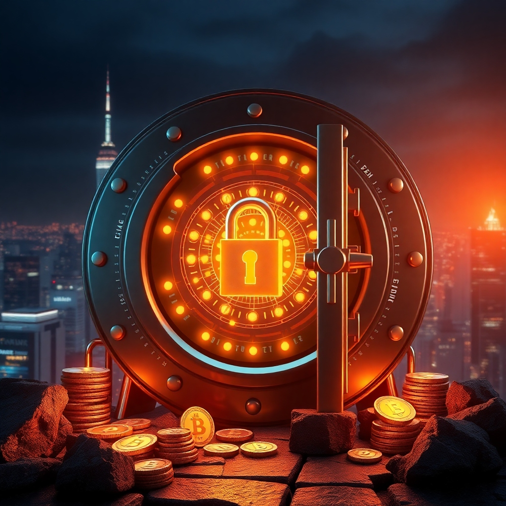 A stunning, photorealistic image showcasing a secure vault with glowing digital locks surrounding various cryptocurrencies. The vault should be set against a backdrop of a city skyline at night, highlighting trust and modernity.