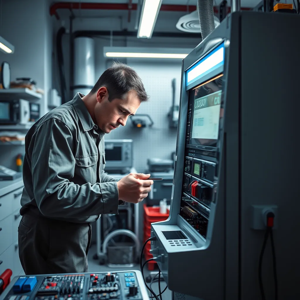 A technician performing maintenance on a coin acceptor in a modern electronics workshop. The scene should include the technician, wearing a uniform, hunched over the machine with tools in hand, under dramatic side lighting that casts soft shadows, enhancing the focus on the intricate components of the coin acceptor. The workshop environment should be filled with various electronic tools and parts, with a color palette of cool whites and blues, giving a clean and professional feel. The camera angle should be slightly above eye-level, capturing both the technician’s concentration and the details of the coin acceptor. Elements like circuit boards, wires, and diagnostic equipment should be included in the background for context. The image should be ultra-detailed, presented in a realistic style, rendered in 8K resolution.