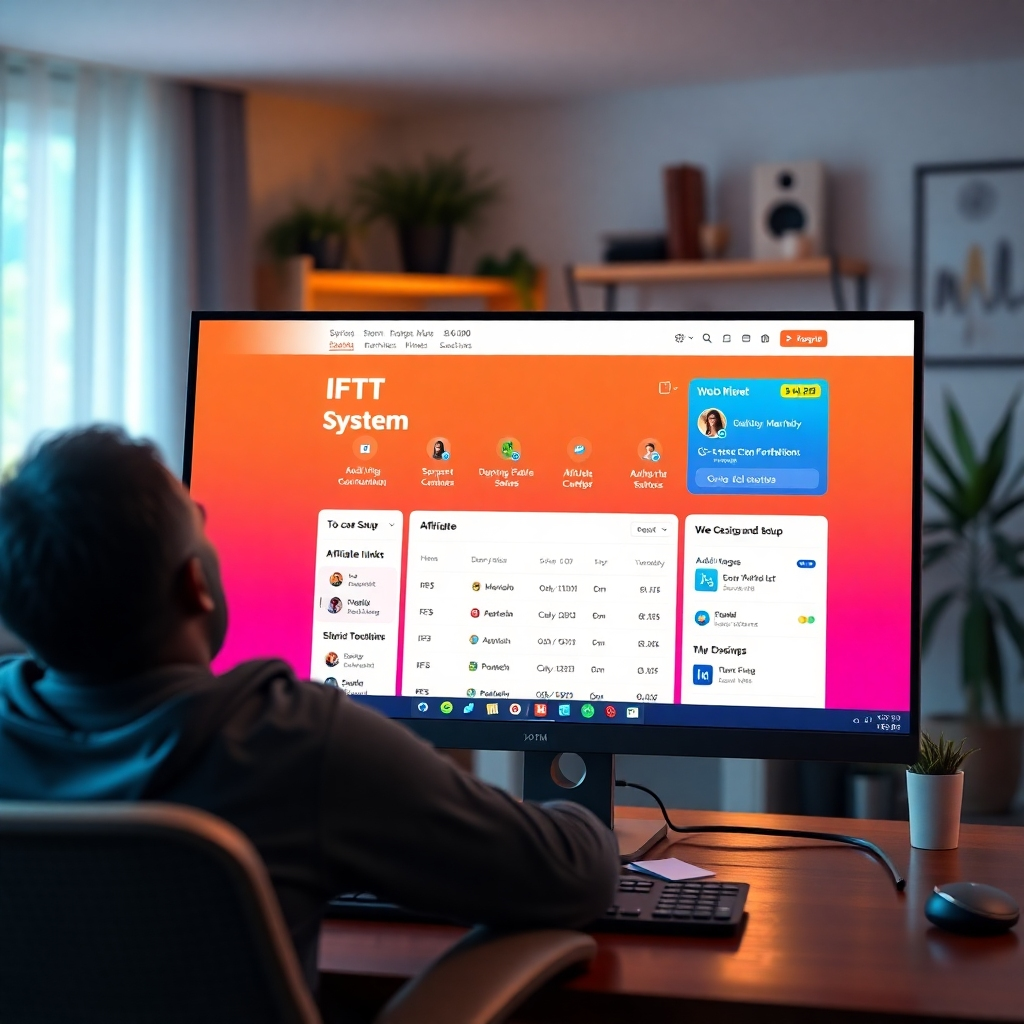 A user-friendly computer interface displaying the IFTF System dashboard, with vibrant colors and intuitive icons. In the background, a person relaxes in a cozy workspace, showcasing ease of setup and efficiency. The screen highlights quick setup features and affiliate links.