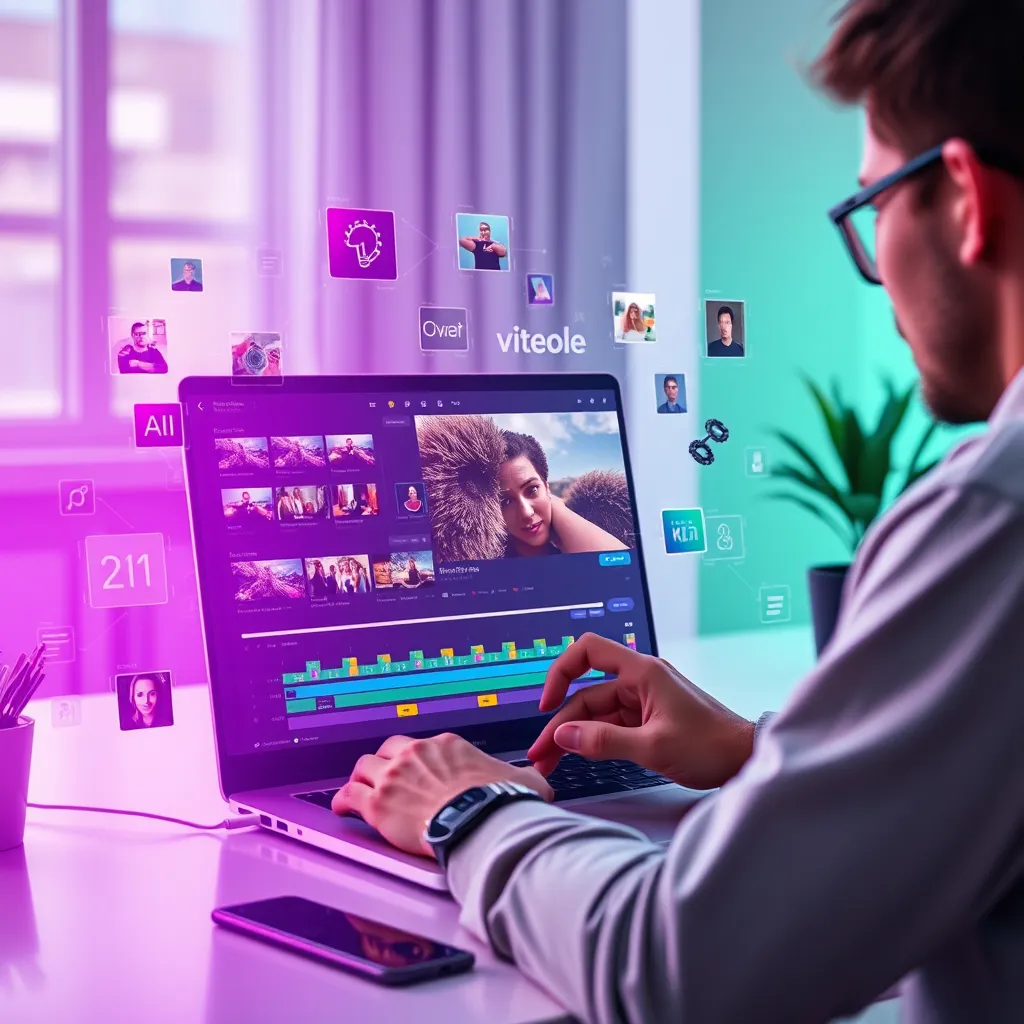 A user-friendly interface showcasing FlexClip A.I. in action, with a person effortlessly editing a video on a laptop, surrounded by colorful and engaging elements such as video clips, text overlays, and transition effects, in a bright and modern workspace.