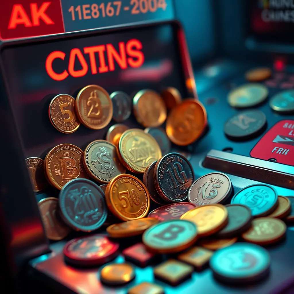 A vibrant, photorealistic image showing various coins from around the world being recognized by a coin acceptor. The scene should display the coins in detail, alongside the machine processing them, indicating its adaptability to different currencies.