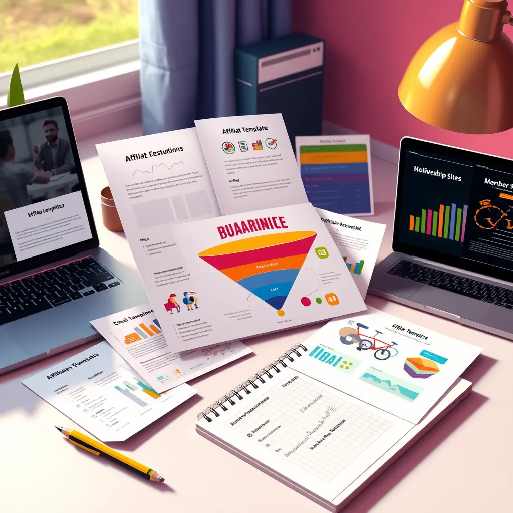 A vibrant and detailed illustration of various affiliate marketing tools, like email templates, funnel diagrams, and membership site layouts, laid out on a desk with a laptop and notepad. The scene should radiate a sense of productivity and organization.