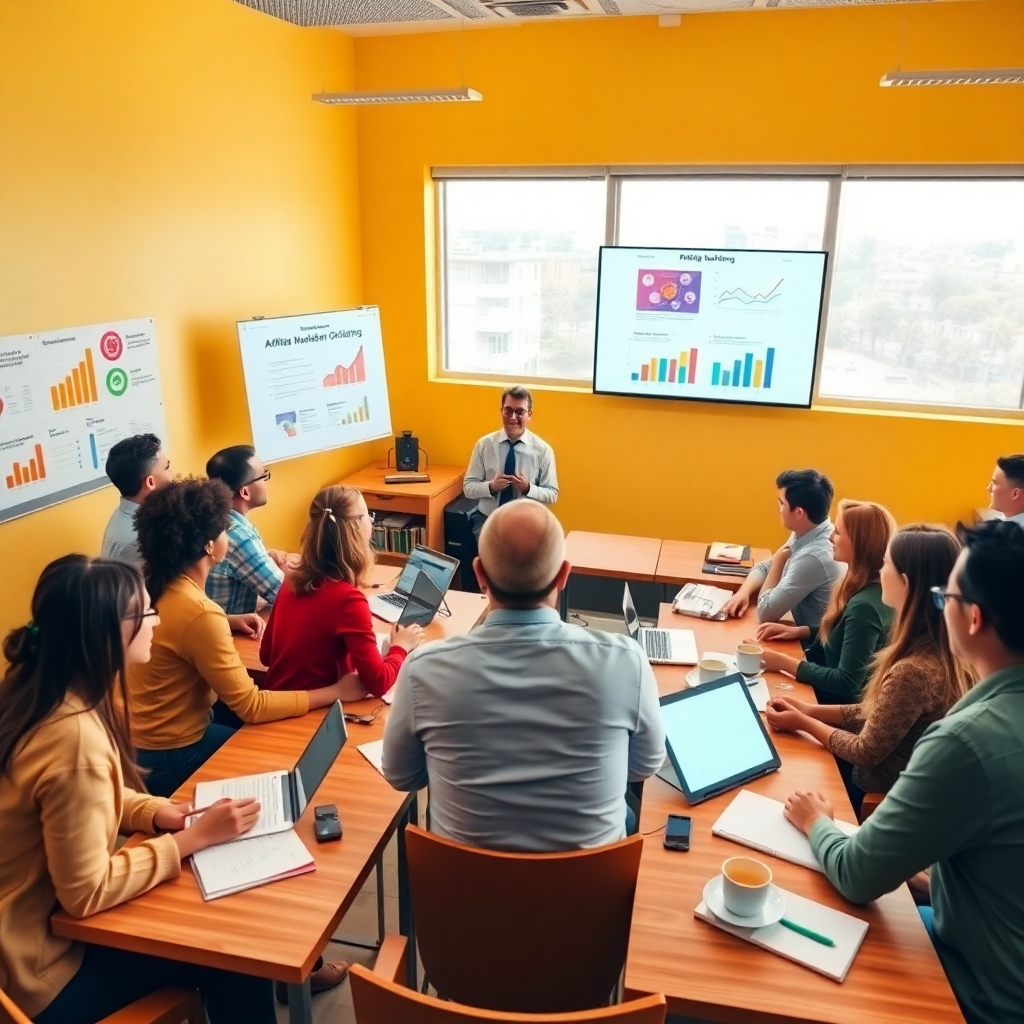 A vibrant classroom setting with a diverse group of individuals engaged in learning about affiliate marketing. Soft diffused lighting filters through large windows, creating an inviting atmosphere. The color palette includes warm tones of yellow and orange, promoting a cheerful mood. A high-angle perspective captures the instructor at the front, enthusiastically presenting to the learners. Textures of wooden desks and books contrast with the smooth finish of digital screens displaying marketing content. Environmental elements include charts and graphs on the walls, and several learning materials spread across the desks. Props include laptops, notebooks, and coffee cups, adding to the relatability of the scene. This image should be in 8K resolution, hyperrealistic style, focusing on fine details to create an engaging environment.