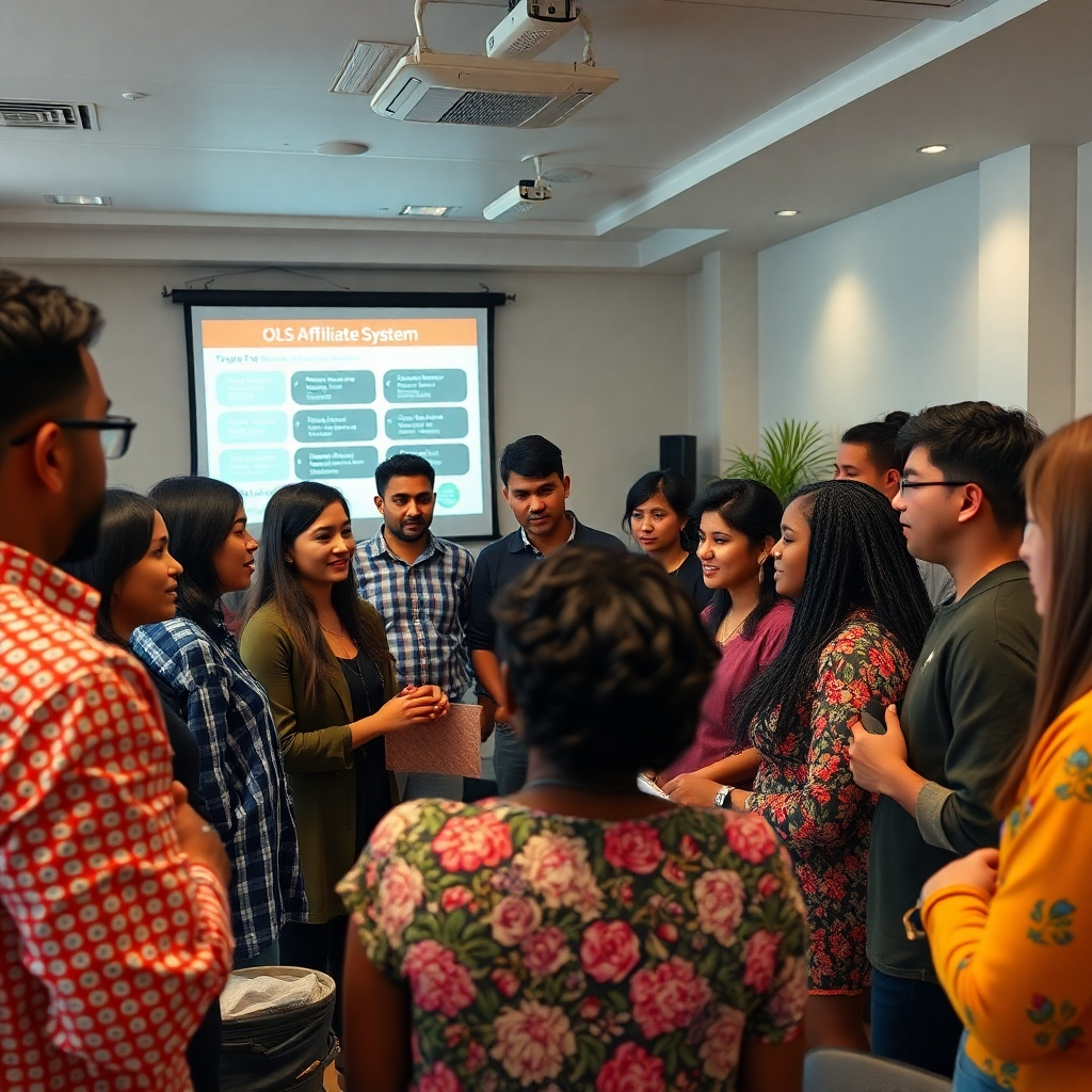 A vibrant community gathering with diverse individuals discussing strategies and sharing experiences. In the background, a projector displays training materials related to the OLSP Affiliate System, emphasizing collaboration and teamwork.