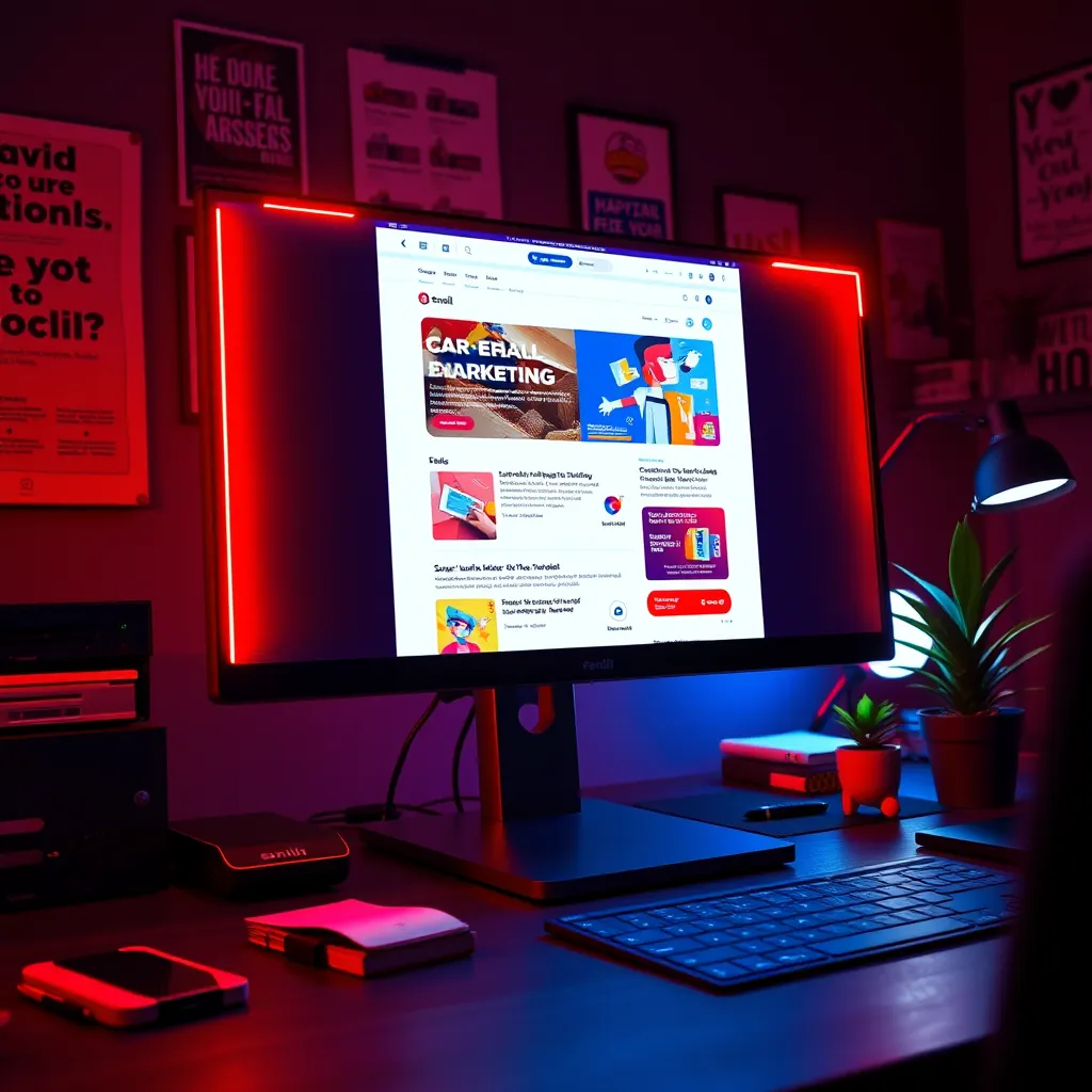 A vibrant image depicting an email marketing software in action on a high-resolution monitor. The display shines brightly, showcasing an email layout with colorful graphics and engaging text. Dramatic side lighting accentuates the monitor’s edges, creating a dynamic contrast with the dark, organized workspace. The color palette is playful yet professional, featuring a mix of warm reds and cool blues. The camera angle is eye-level, capturing the monitor and a creative workspace around it. Props include notepads and a plant, enhancing the creative atmosphere. The background hints at a clutter-free desk setup with motivational posters on the wall. The style mimics a tech-savvy startup vibe, optimized for 8K resolution and ultra-detailed clarity.