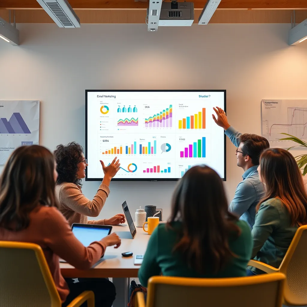 A vibrant office scene with a diverse team of marketers analyzing colorful graphs and charts on a large screen, celebrating a successful email marketing campaign. The team members are diverse in gender and ethnicity, showcasing enthusiasm and collaboration.