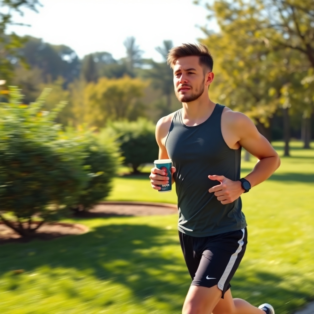 A vibrant outdoor scene showing a fit individual jogging in a park, holding a cup of JAVA Burn Coffee. Surround them with a sunny environment, lush greenery, and dynamic motion to emphasize increased energy and an active lifestyle.