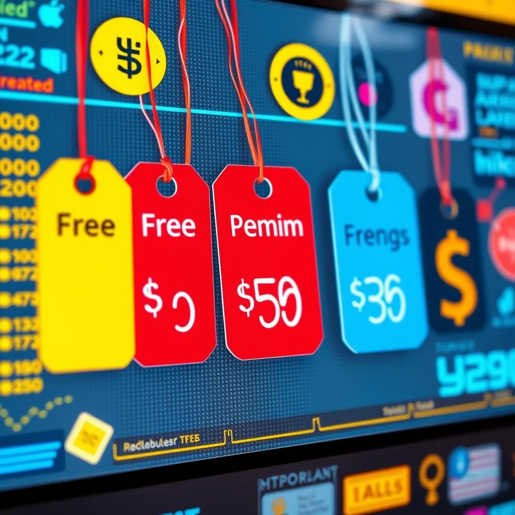 A visual representation of pricing tags showing various cost levels, from free to premium, laid out on a digital screen. Include symbols of affordability such as a dollar sign and currency notes in a whimsical, vibrant design.