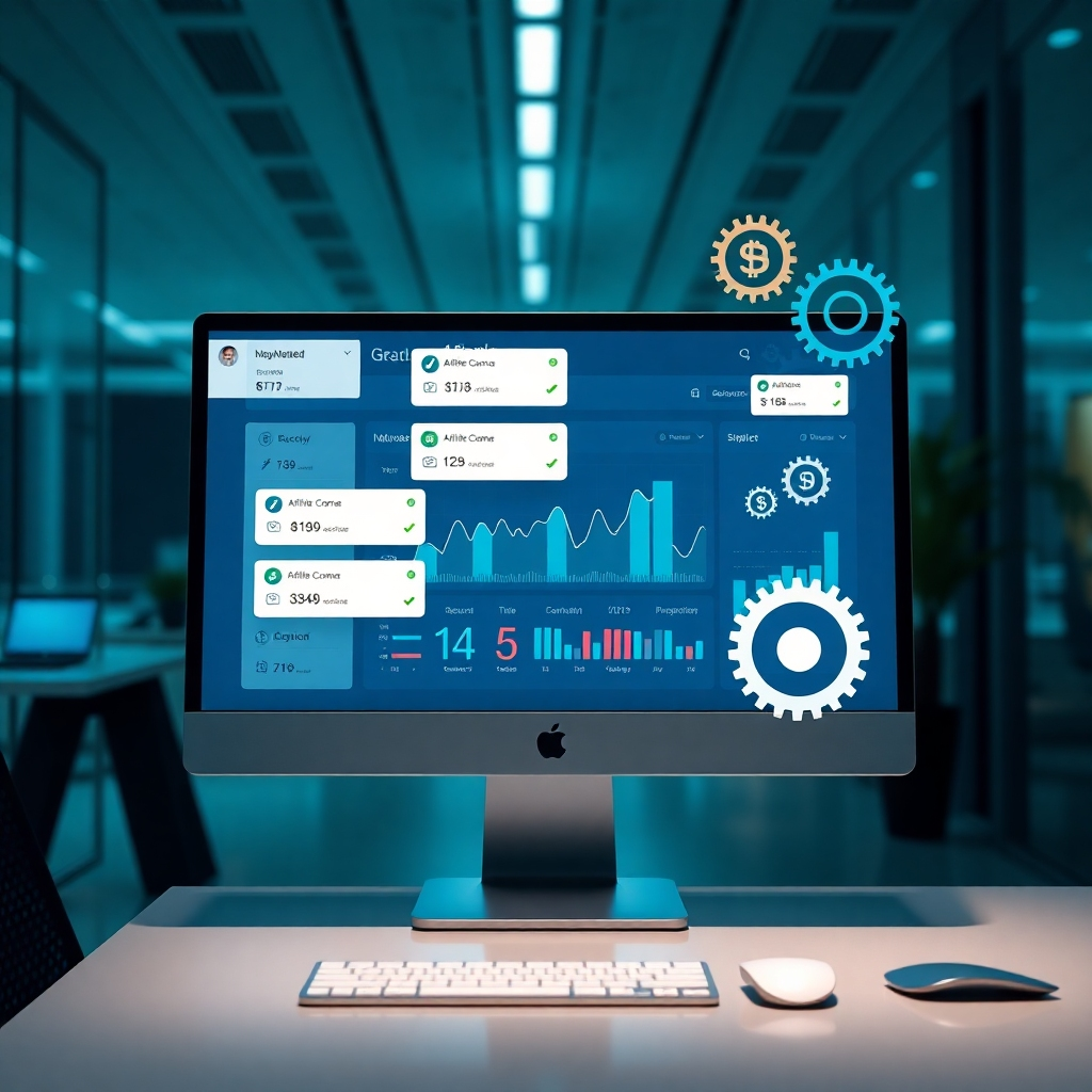 A visually appealing graphic of a computer screen displaying an automated affiliate marketing dashboard, with various income notifications popping up. Include gears and digital elements to emphasize automation, set against a sleek modern office background.