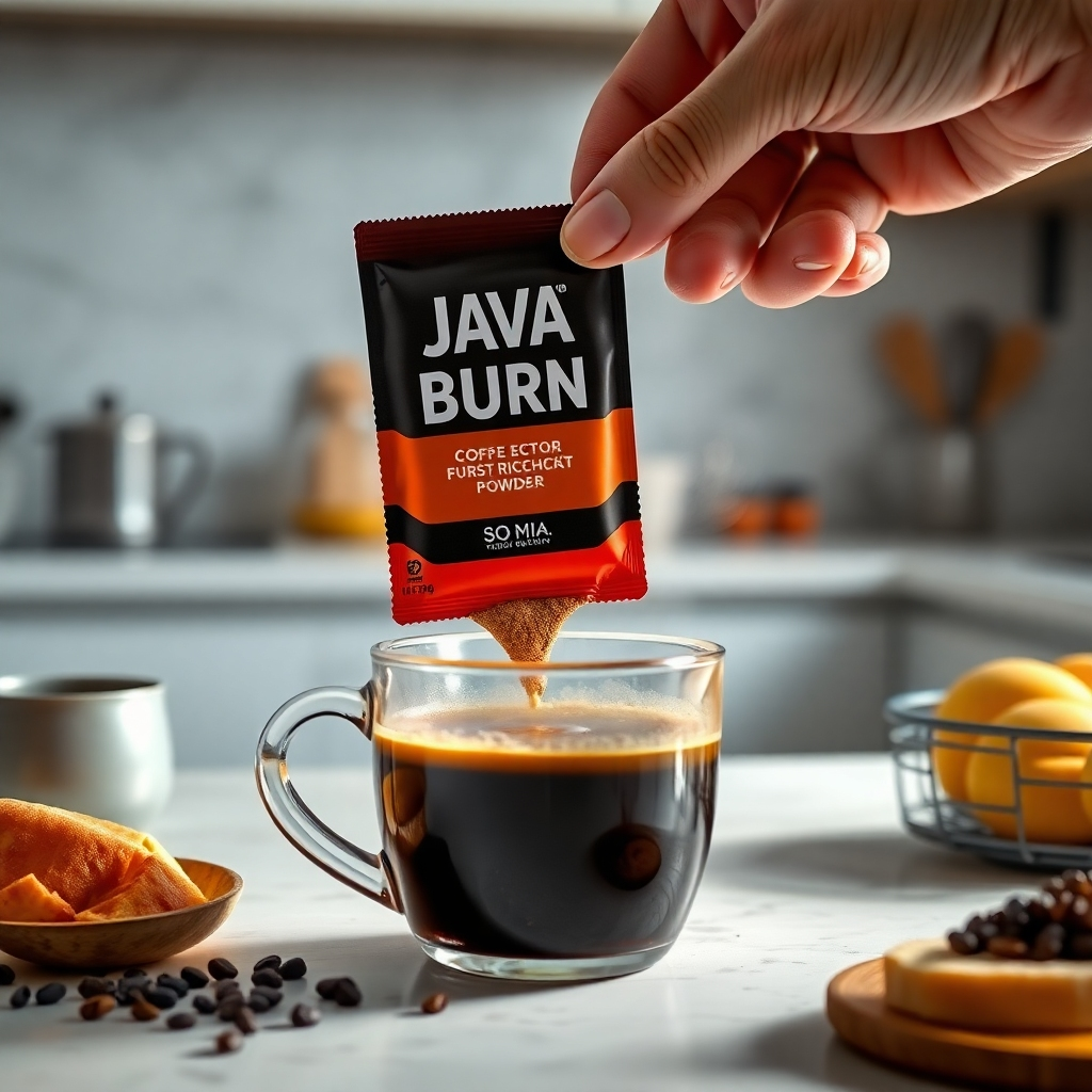 A visually appealing image of a hand stirring a packet of JAVA Burn Coffee powder into a steaming cup of coffee, with a well-organized kitchen counter and healthy breakfast items in the background, conveying simplicity and convenience.