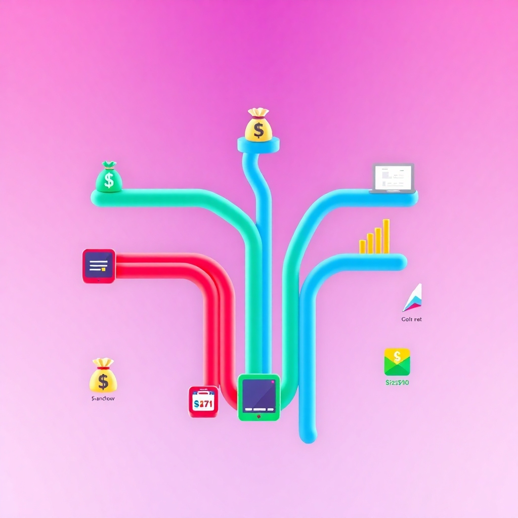 A visually appealing infographic displaying seven interconnected streams representing income opportunities, with symbols like money bags, digital devices, and growth charts. The background should be vibrant with a professional look, showcasing the concept of diverse earning sources.