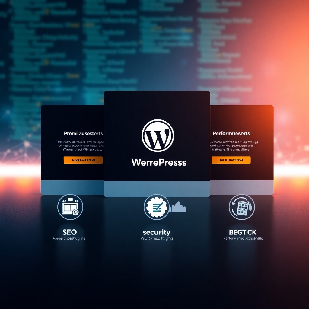 A visually appealing layout showcasing various premium WordPress plugins, featuring icons and labels that represent SEO, security, and performance enhancements, set against a tech-inspired background with subtle coding elements.