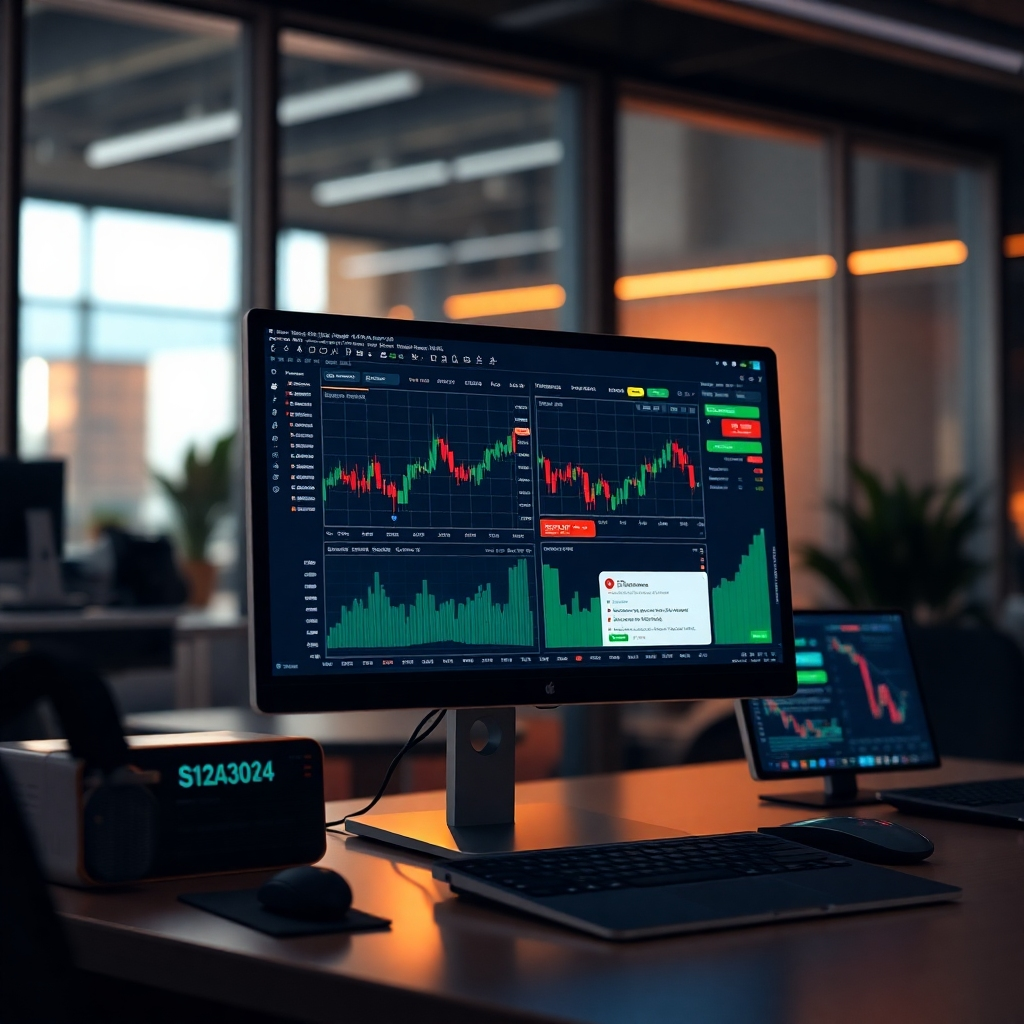 A visually appealing representation of trading tools on a computer screen. Display graphs, analytics data, and notification alerts for cryptocurrency trading. The setting should have a modern trading environment with ambient lighting to create a dynamic atmosphere.