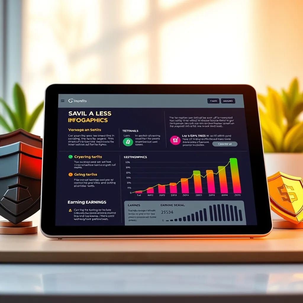 A visually appealing sales page layout on a tablet displaying vibrant infographics, testimonials, and a graph of earnings progression. The setting should be bright and modern, with elements indicating trust, like shields or badges, around the design.