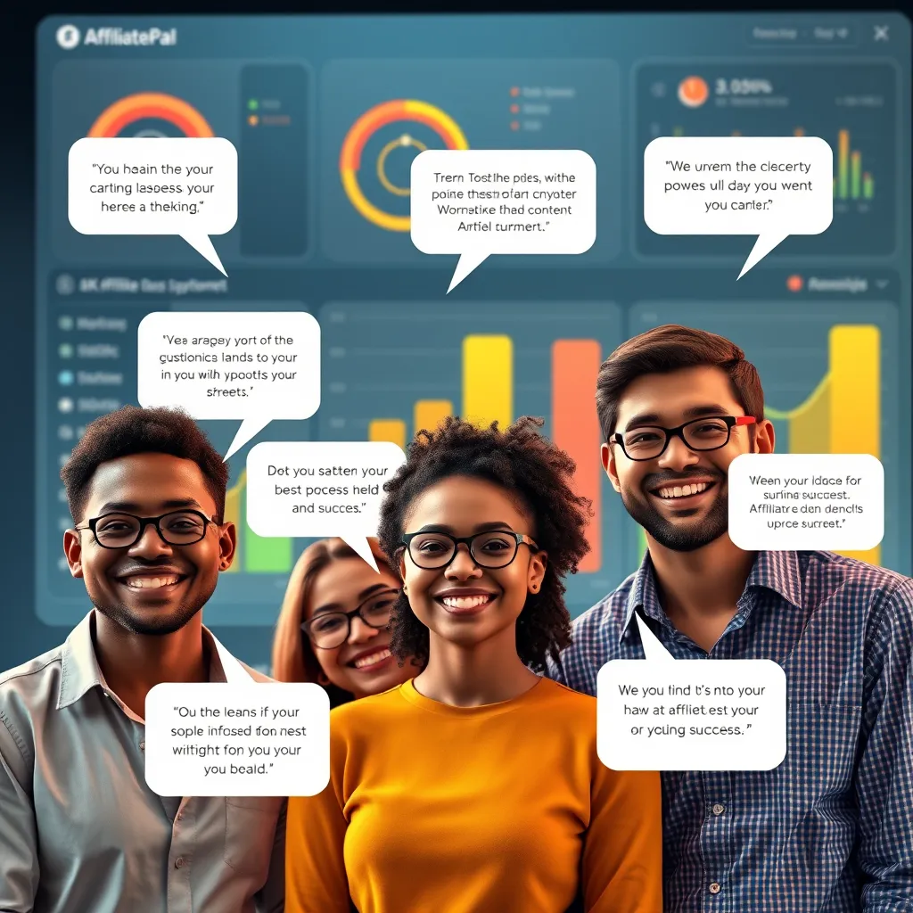 A visually engaging graphic displaying a diverse group of satisfied customers sharing their success stories with AffiliatePal. Include quotes in speech bubbles and a backdrop of a vibrant, user-friendly dashboard showcasing key metrics of success.