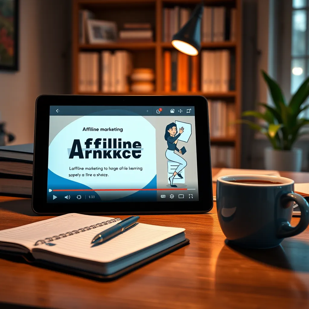 A visually engaging image of an educational setup featuring a tablet showing a video tutorial on affiliate marketing, a notebook with notes, and a cup of coffee, all in a well-lit study area, emphasizing learning and growth.