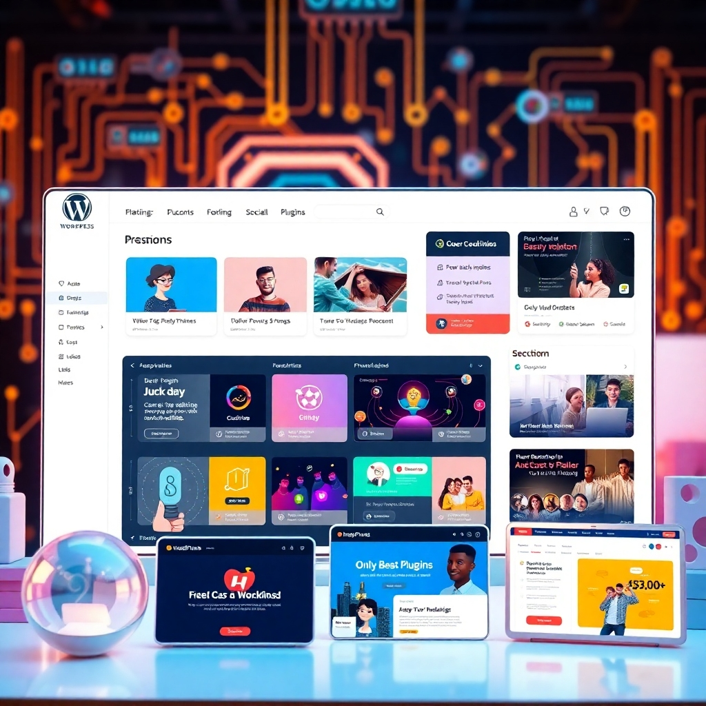 A visually engaging representation of a WordPress dashboard showcasing various premium plugins and themes. Include vibrant icons and images of popular plugins, with users interacting joyfully with their websites, set against a tech-savvy background.