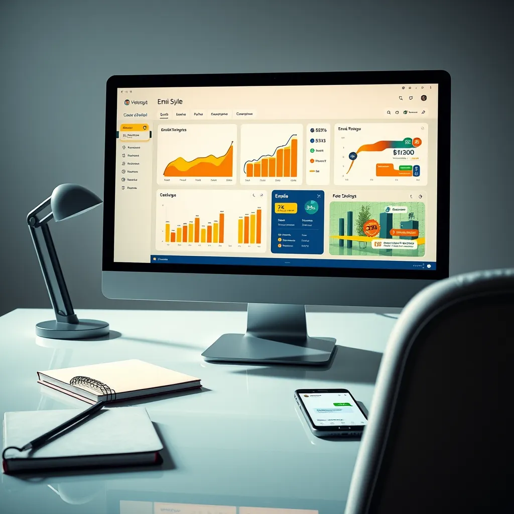 A visually striking email marketing dashboard displayed on a sleek, modern desktop computer. The composition centers around the computer screen, showcasing vibrant graphs and colorful email templates. Dramatic side lighting highlights the screen, creating a contrast that draws attention. The color palette incorporates energetic yellows and crisp whites, evoking excitement and urgency. The camera angle is front-facing, providing a clear view of the dashboard. The desk is adorned with a stylish notebook, a smartphone showing email notifications, and a plush chair, setting an engaging work environment. Textures feature smooth glass and soft fabric to create a welcoming feel. Ensure the image is ultra-detailed, in 8K resolution, capturing the intricacies of the digital dashboard and the desktop setup.