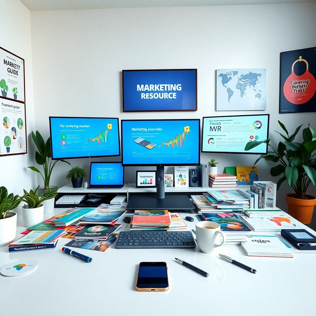 A well-organized and inviting digital workspace filled with marketing resources displayed on screens and printed materials. Soft diffused lighting creates a harmonious working environment, with a palette of blues and greens promoting focus and productivity. A first-person perspective shows a desk cluttered with colorful brochures, e-books, and marketing guides. Textures of a smooth, modern desk are complemented by the glossy finish of the digital screens. Environmental elements include motivational posters on the walls and plants adding life to the space. Props such as a smartphone, coffee mug, and stationery enhance the atmosphere of creativity and professionalism. This image should be captured in 8K resolution, hyperrealistic and ultra-detailed to emphasize the vibrant resources available.