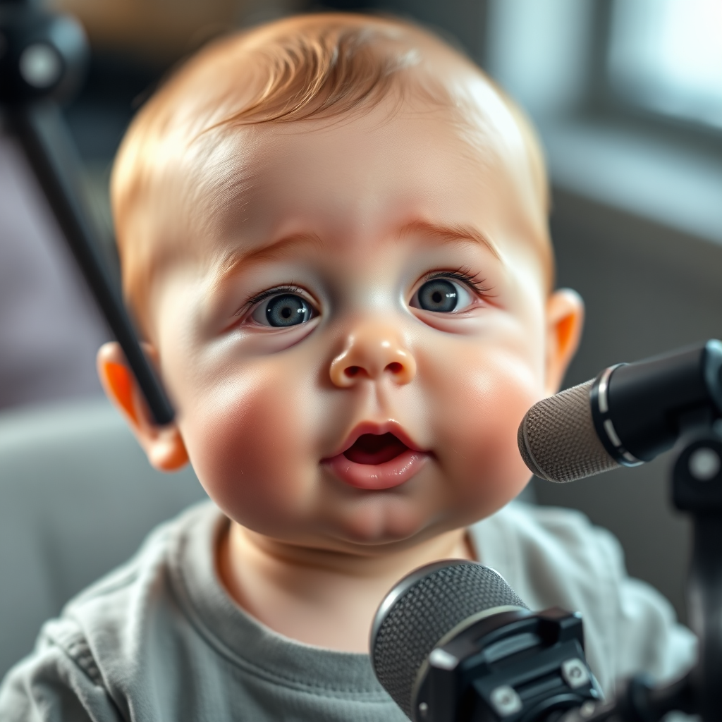 Illustrate a transition scene showcasing the face-swapping technology in action. Split the image to show on one side an adult's face and on the other the charming baby version generated by the app. Use bright and contrasting colors to differentiate the two, with soft lighting to enhance features. The background should be minimalistic to maintain focus on the face swap. A close-up composition can magnify the detail and humor involved in the transformation, ensuring clarity in the high-quality visual.