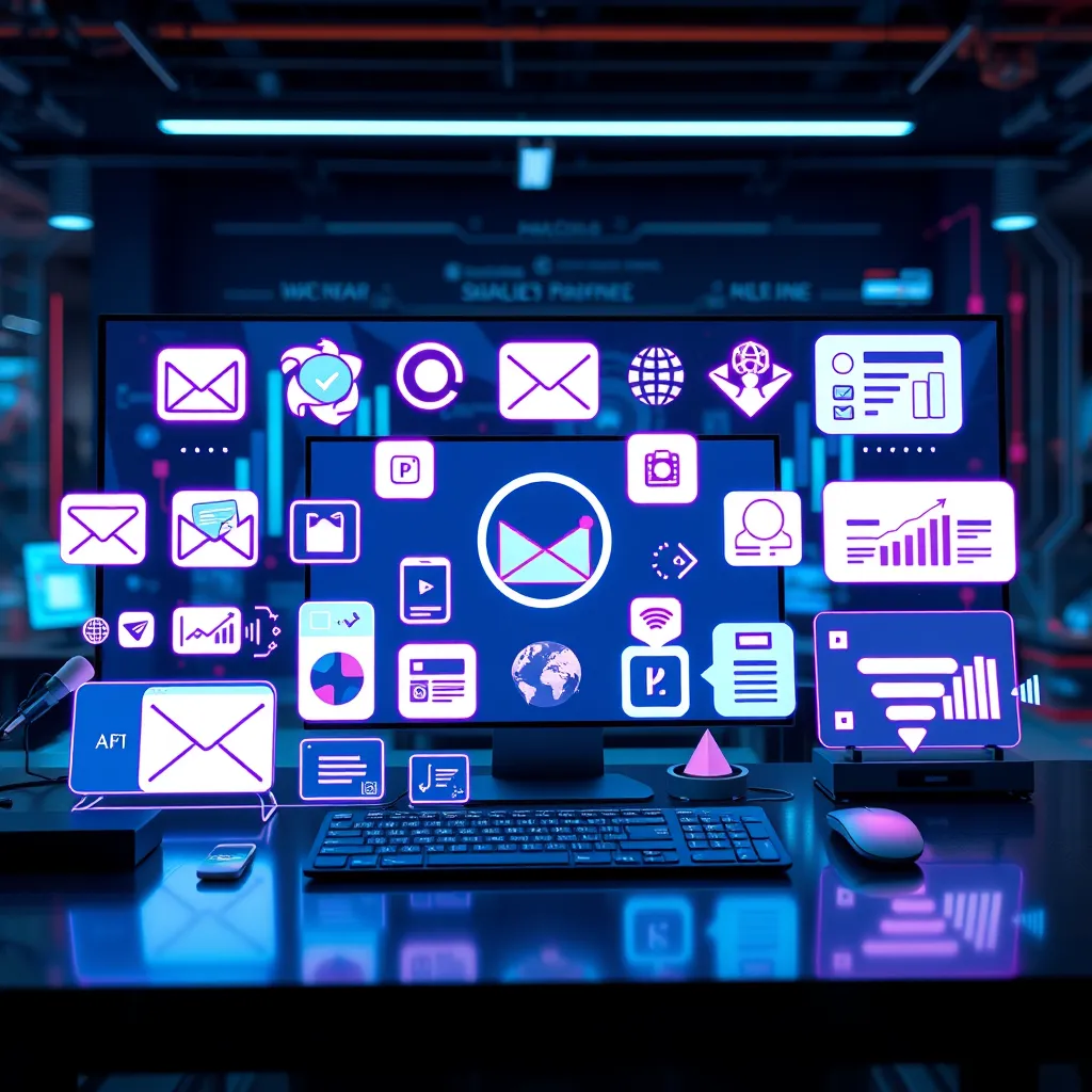 An array of digital tools displayed on a virtual workspace. Include icons representing email marketing, landing page creation, and sales funnel graphics, set against a sleek, tech-inspired background to symbolize comprehensive marketing tools.