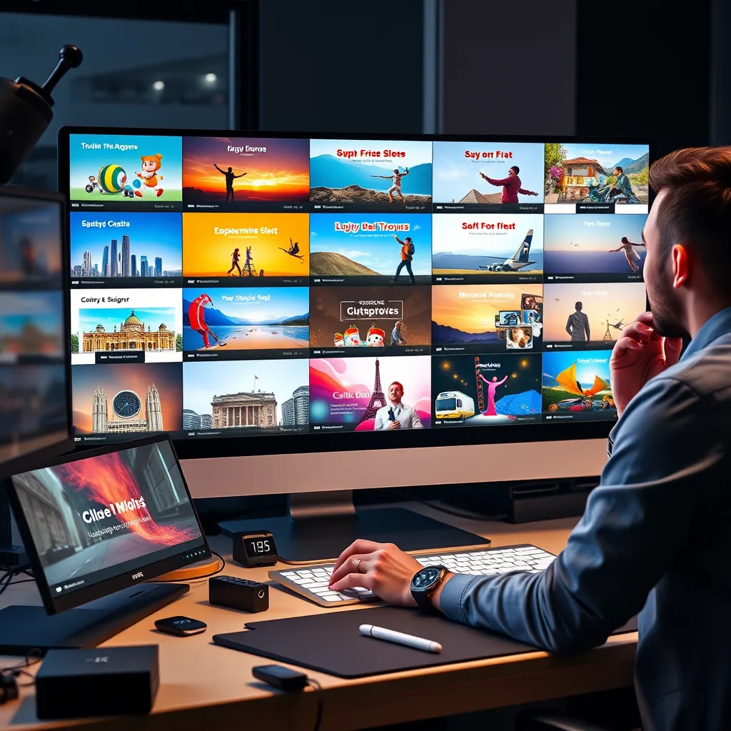 An array of vibrant and varied video templates displayed on a computer screen, featuring different themes such as business, travel, and celebrations, with a designer thoughtfully selecting and customizing one template at a sleek desk filled with design tools.