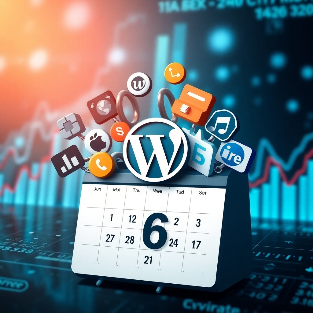 An artistic interpretation of a calendar with the symbols of various WordPress plugins and themes emerging from it. The background should hint at a digital world with graphs and analytics, emphasizing the importance of timely updates.