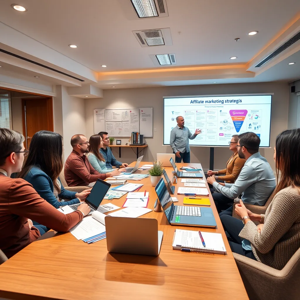An elaborate scene portraying a training session on affiliate marketing strategies. A diverse group of engaged individuals are seated around a large table covered with educational materials, laptops, and notebooks. Soft overhead lighting bathes the room, creating an encouraging and focused atmosphere. The color palette is bright and inspiring, with pops of color from various training materials. The camera angle is a wide shot, capturing both the participants and the presenter gesturing towards a large screen displaying key concepts. The textures include soft fabric chairs and polished wooden table surfaces. In the background, a whiteboard filled with notes and diagrams highlights the session's productivity. The style is reminiscent of professional training environments and should be produced in hyperrealistic detail, ensuring sharp focus and clarity in 8K resolution.