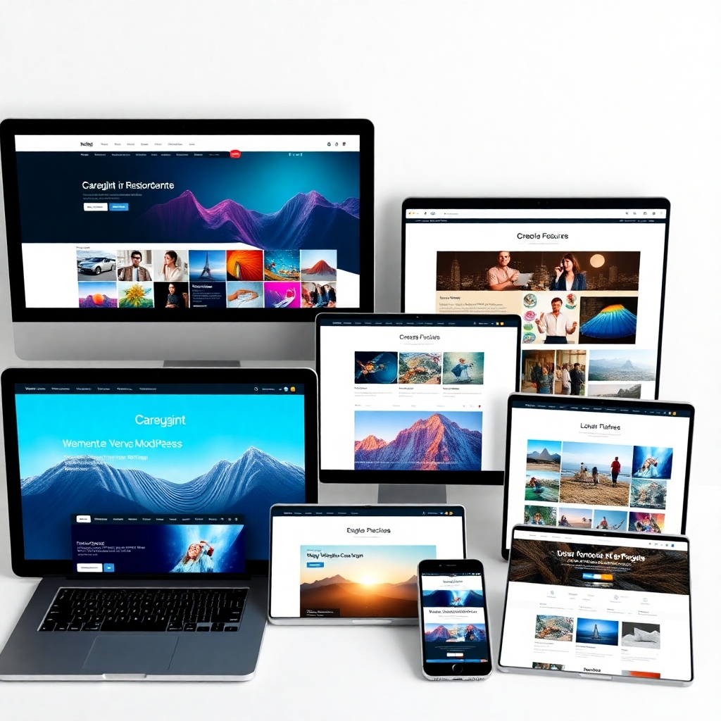An elegant display of diverse WordPress themes on multiple devices (desktop, tablet, mobile), with vibrant colors and modern designs, highlighting their responsive features amidst a clean, minimalist background.