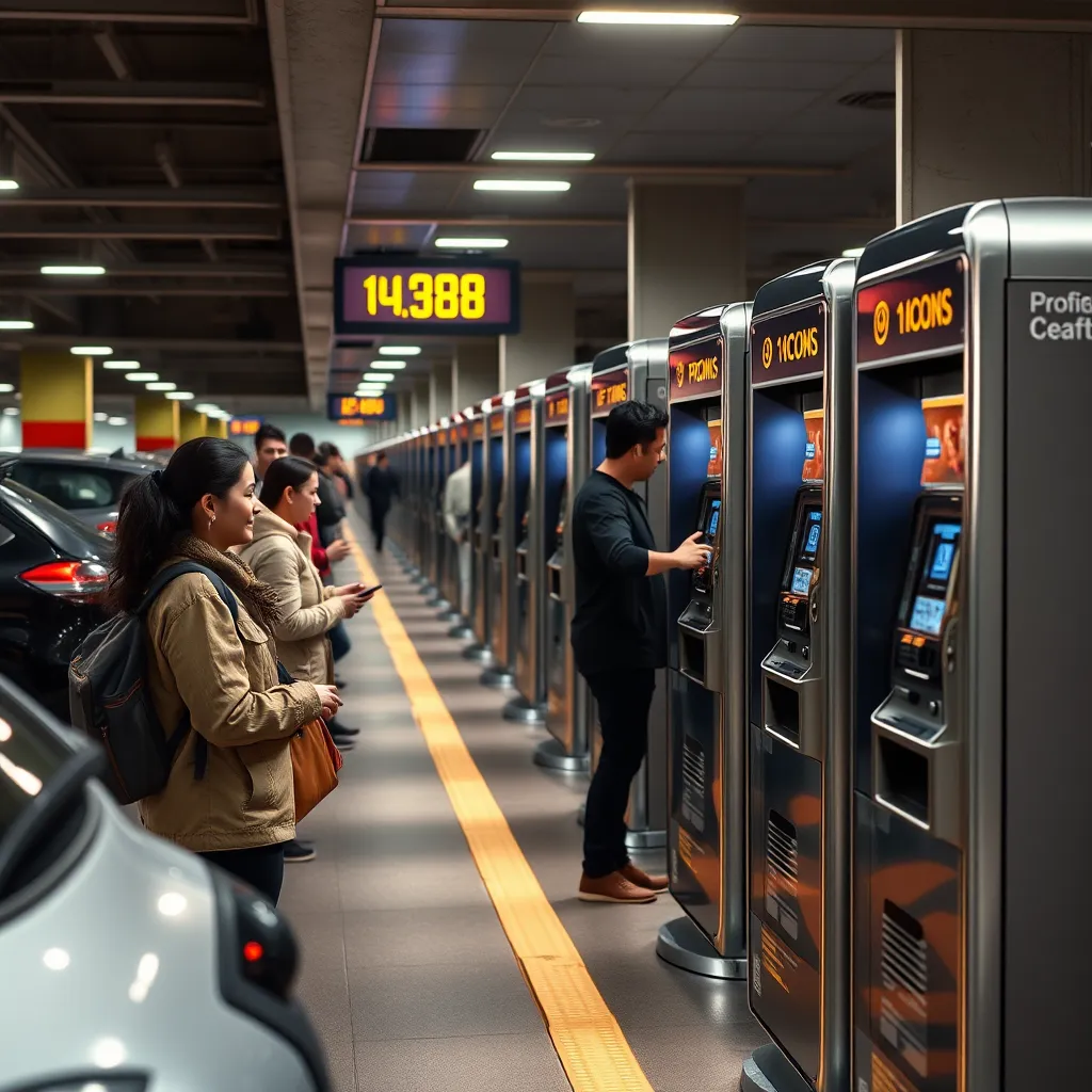 An engaging image showing a busy parking lot with multiple users happily using coin acceptors, while a digital revenue meter displays increasing profits. Highlight the ease of use of the machines crafted in sleek metallic designs.
