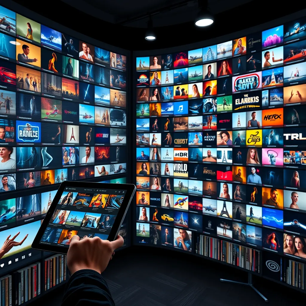 An expansive digital library showcasing a variety of video clips, music, and graphics accessible through FlexClip A.I. On one side, a user browses through categories on a tablet, while a vibrant array of media thumbnails is displayed in the background.
