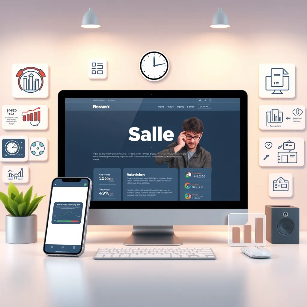 An illustration of a sales page on a smartphone and desktop, surrounded by tools like SEO analytics, speed test results, and mobile-responsive icons. Include a clock symbolizing quick loading times and arrows showing growth in conversions.