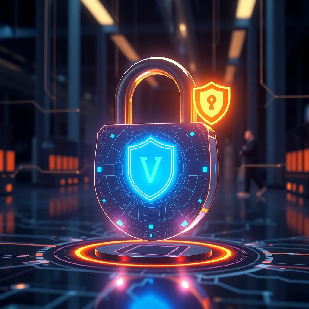 An image depicting a digital lock symbolizing security in cryptocurrency. Include elements like holographic data streams and a shield icon to represent encryption and safety. The background should be a sleek, high-tech environment that conveys trust and protection.