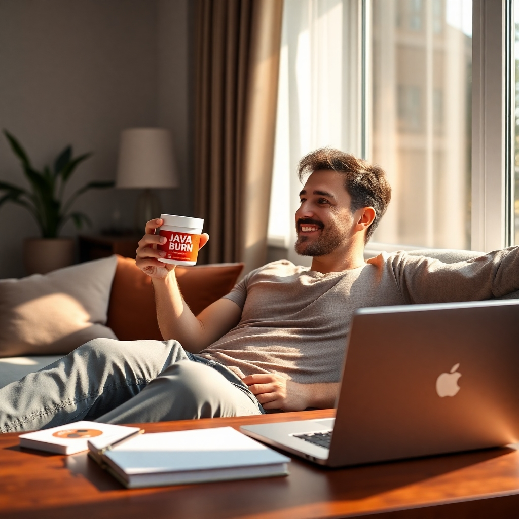 An individual relaxing in a cozy living room, sipping JAVA Burn Coffee with a warm smile. Sunlight streams through the window, creating an inviting atmosphere with a weight loss journal on the coffee table and a laptop open to a fitness website.