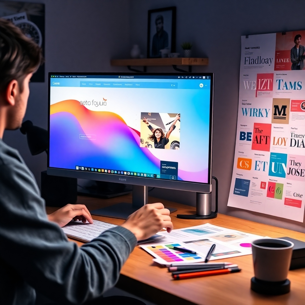 An inspiring workspace with a designer customizing a beautiful WordPress theme on a high-resolution monitor. The desk may show colorful design sketches, a coffee cup, and a vibrant mood board with various color palettes and fonts.