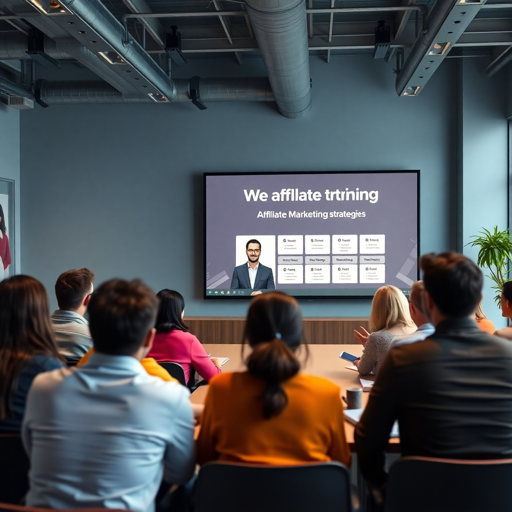 An inviting training session scene, with a diverse group of adults engaged in learning at a modern classroom setting. A large screen displays a webinar about affiliate marketing strategies, and supportive coaches guide participants, symbolizing empowerment and education.