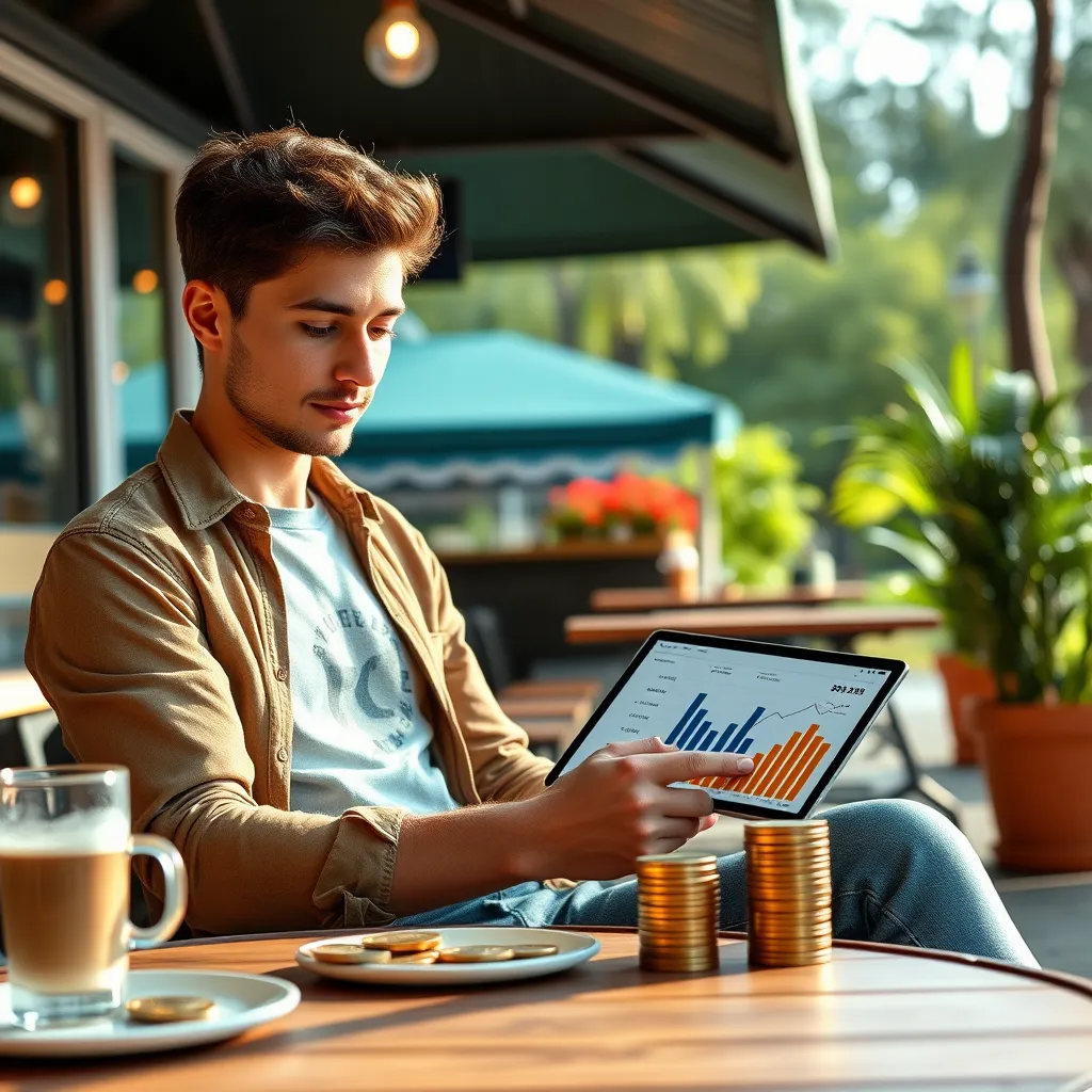 An outdoor coffee shop setting where a young entrepreneur analyzes budget charts on a tablet, showcasing cost-effectiveness in promoting email campaigns. The scene should include visual representations of budget cuts and increased ROI items like coins and graphs.