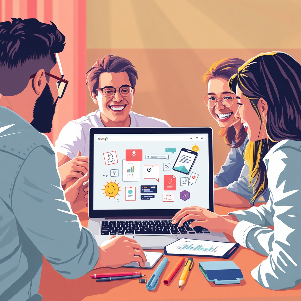 Capture a vibrant and energetic scene showing individuals using Famous AI to transform ideas into apps. The lighting should be bright and engaging, reflecting enthusiasm. Illustrate a laptop screen displaying a visual representation of app development without code, surrounded by sketch pads and digital tools. Use a lively color palette to evoke creativity and innovation.