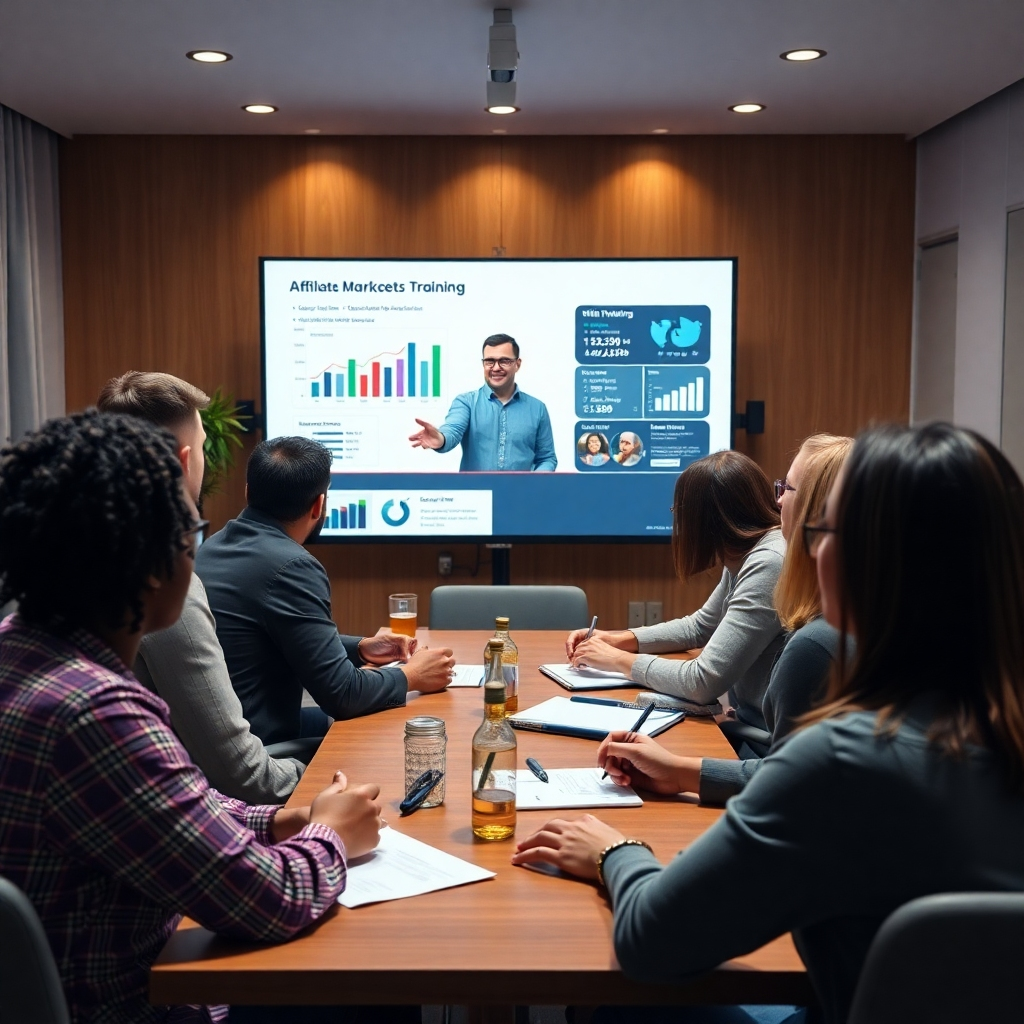 Create a detailed image of a diverse group of people participating in an engaging online training session, with a friendly instructor on screen, sharing insights about affiliate marketing, with digital resources and charts visible around them.