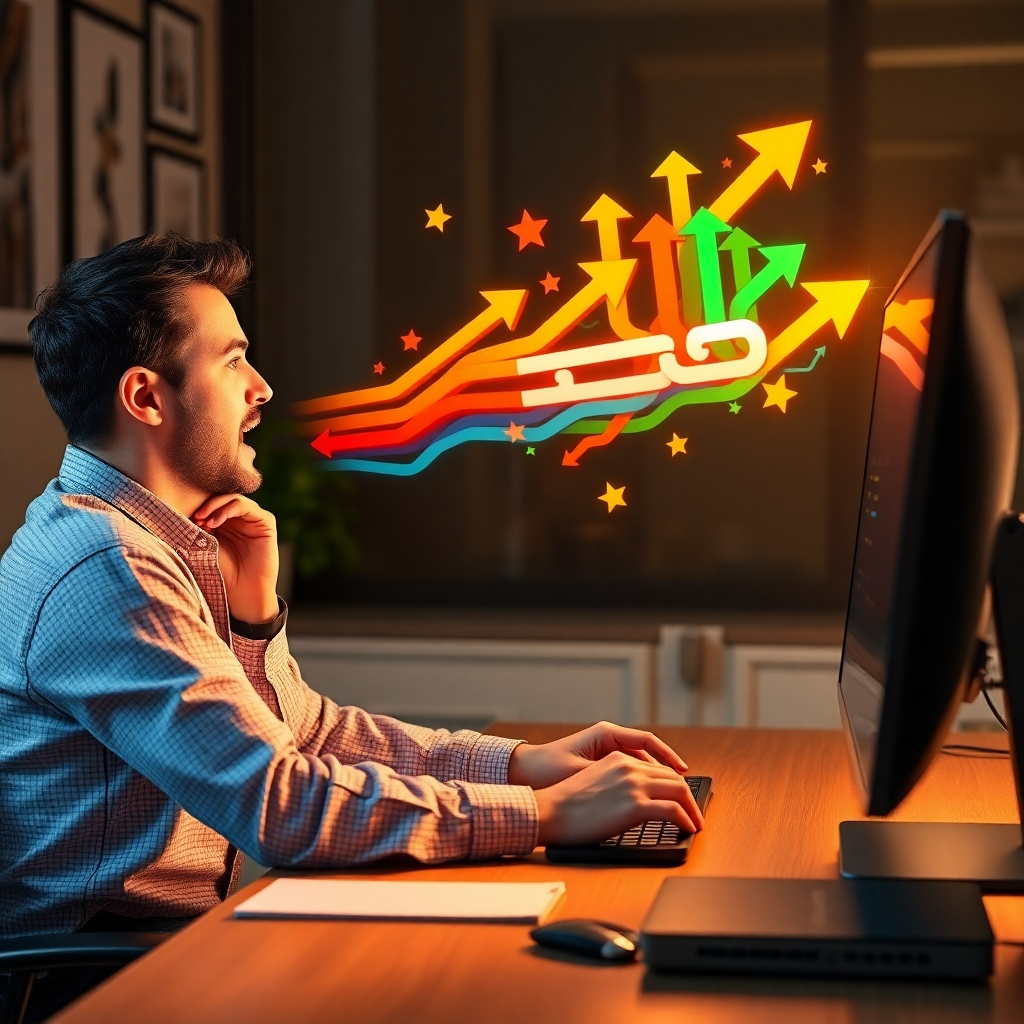 Create a high-quality, photorealistic image of a person sitting at a desk, looking excited while analyzing multiple income streams represented as colorful arrows coming out of a single link on a computer screen, with a motivational ambiance.