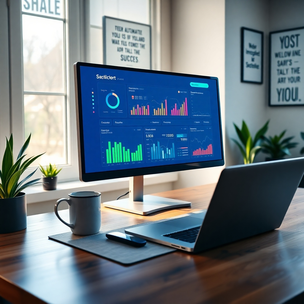 Create a hyperrealistic image of a computer screen displaying an automated affiliate dashboard filled with colorful graphs and statistics. The workspace is accompanied by a coffee mug and a sleek laptop, illuminated by soft diffused lighting from a window nearby. The mood is optimistic and productive, with a color palette featuring blues and greens reflecting success. The camera angle is slightly above the desk, capturing the screen's details, while focusing on the vibrant visuals on the monitor. Textures include a polished wooden desk and a fabric mouse pad. The background should subtly include houseplants and inspirational quotes on the walls. The image should be in 8K resolution and ultra-detailed, showcasing modern workspace aesthetics.