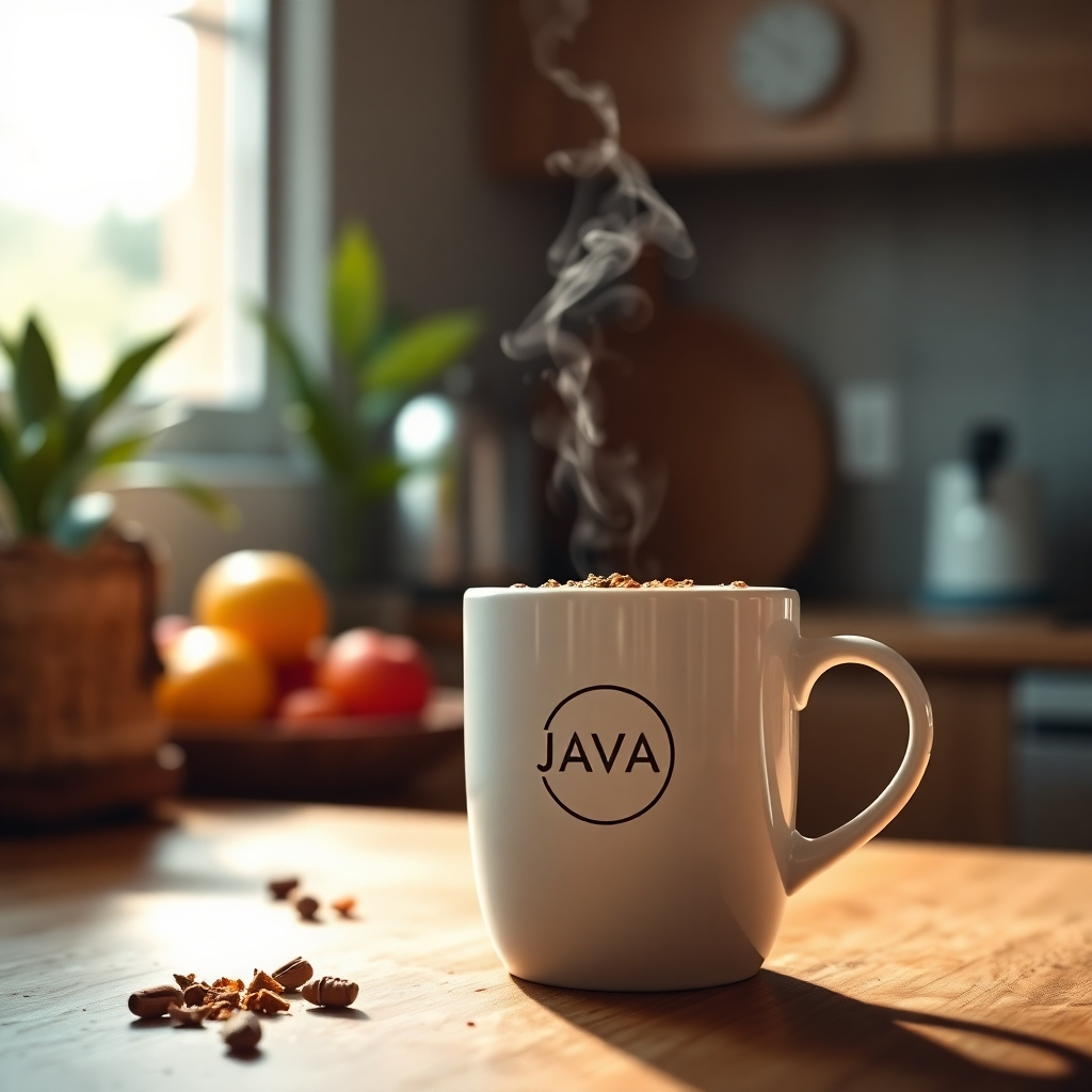 Create a photorealistic image of a steaming cup of JAVA Burn Coffee, placed on a wooden kitchen countertop. The coffee mug should be white ceramic, adorned with a minimalist logo. Soft diffused lighting filters through a nearby window, casting gentle shadows and creating a warm, inviting atmosphere. The kitchen background is subtly blurred, with hints of fresh fruits and a green plant to suggest a healthy lifestyle. The color palette should incorporate rich browns of the coffee and warm tones of the kitchen, conveying a cozy mood. Camera angle should be slightly overhead, capturing both the coffee and the ambiance of the kitchen. The texture of the coffee should look creamy and enticing, with a sprinkle of cinnamon on top. Styled in the tradition of still-life photography, the image should be ultra-detailed and in 8K resolution.