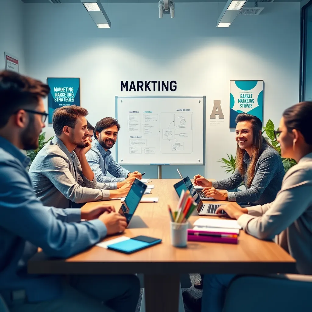 Create a photorealistic image showing a professional-looking training session in a bright, modern conference room. Soft diffused lighting illuminates a group of diverse professionals engaged in a lively discussion. The walls are adorned with motivational posters related to marketing strategies, in a vibrant color palette filled with blues and greens for a fresh atmosphere. The camera angle captures the interaction from a slightly elevated perspective, showcasing participants seated around a sleek, wooden table with laptops and notepads scattered around. Include details like a whiteboard filled with diagrams and action points in the background, and ambient elements like plants for a touch of nature. Aim for an ultra-detailed, hyperrealistic rendering in 8K resolution, capturing textures of surfaces and materials carefully.